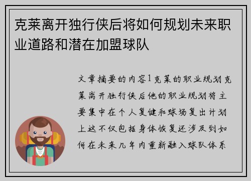 克莱离开独行侠后将如何规划未来职业道路和潜在加盟球队