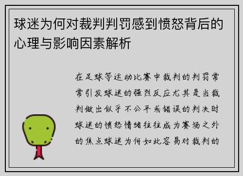 球迷为何对裁判判罚感到愤怒背后的心理与影响因素解析